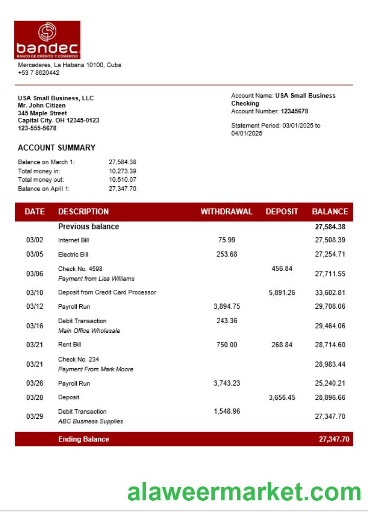 Bandec Banco de Credito y Comercio business firm account bank statement Word and PDF format